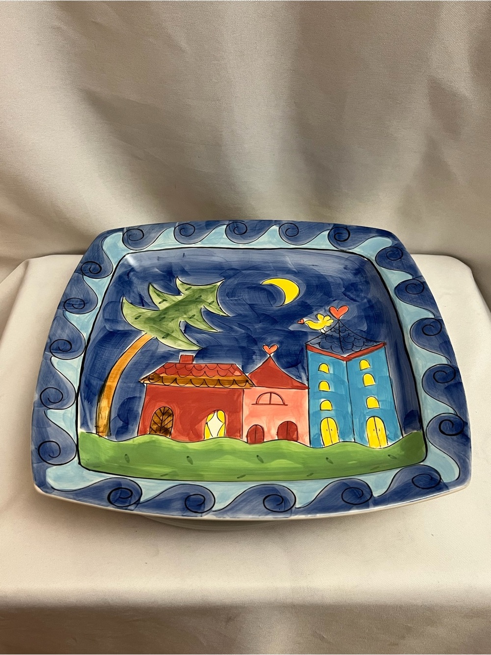 Vintage 1999 Marianne Vinich Hand Painted Moonlit Village Square Platter 13”